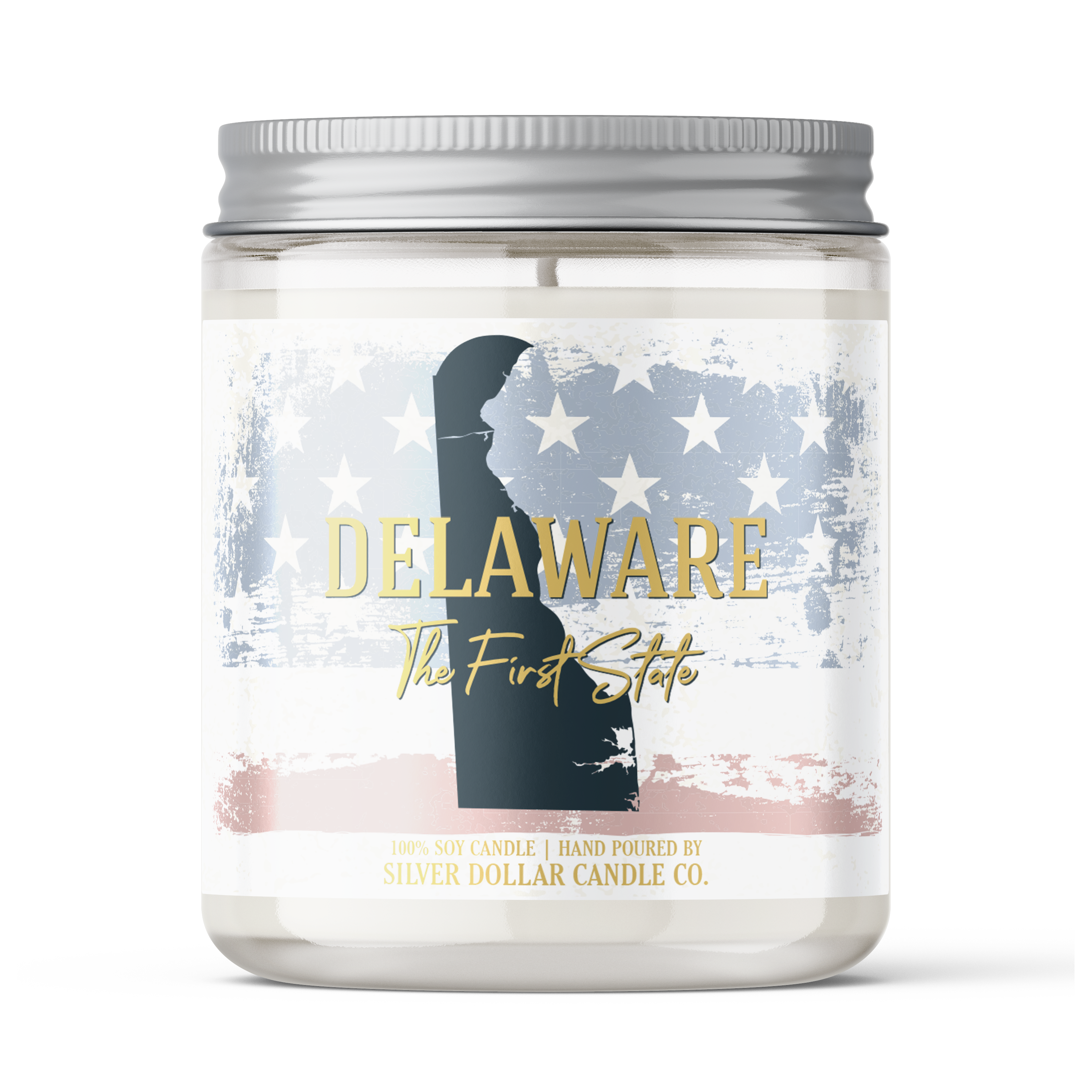 Delaware State Candle in a decorative box, showcasing its elegant design and personalized lid option.