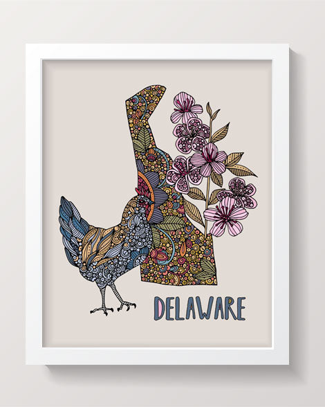 Delaware State Map artwork featuring the Blue Hen chicken and Peach Blossom, printed on heavy matte card stock.