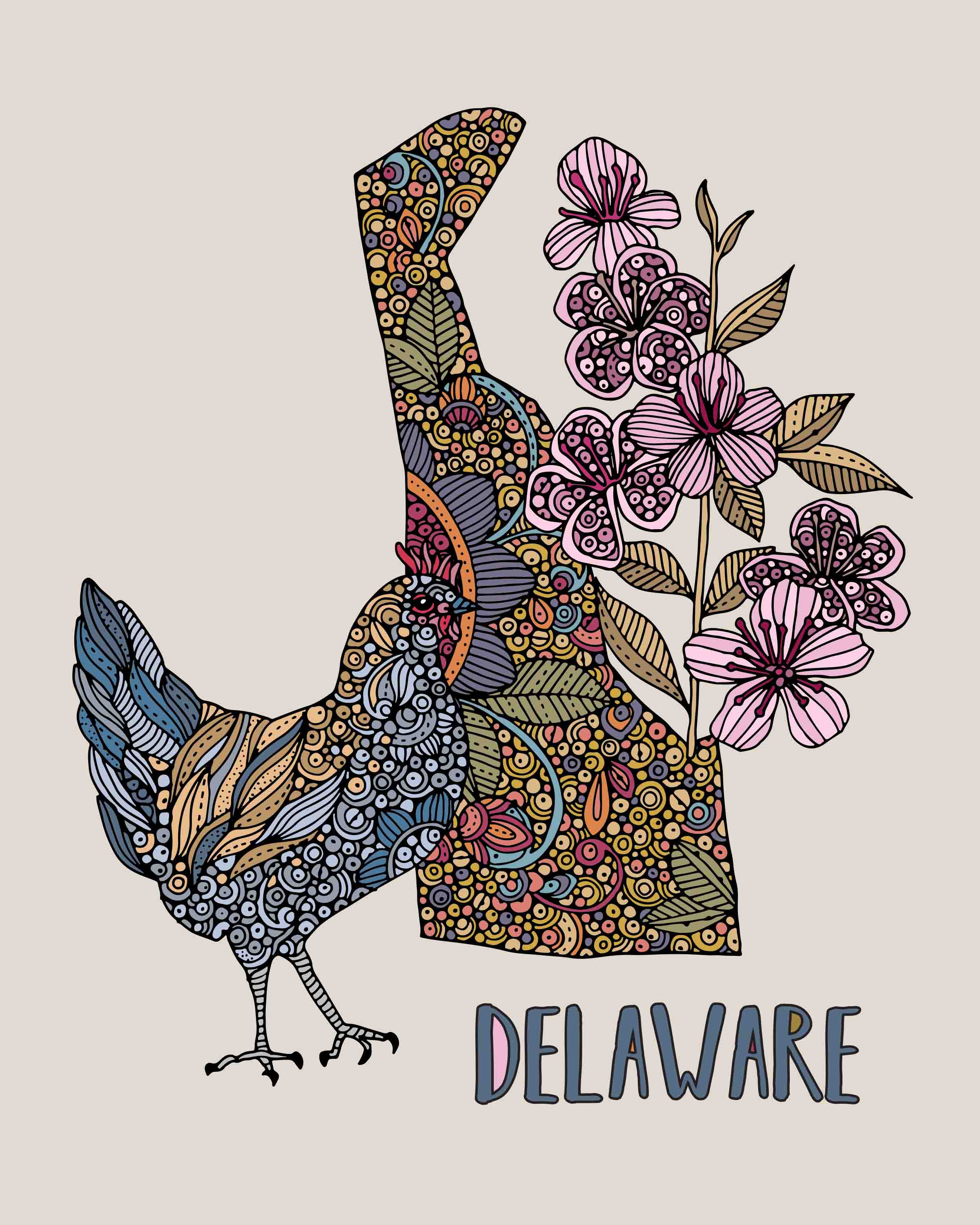 Delaware State Map artwork featuring the Blue Hen chicken and Peach Blossom, printed on heavy matte card stock.