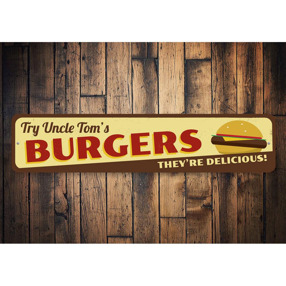 A vibrant Delicious Burgers Sign made of high-quality aluminum, featuring a colorful design perfect for restaurants and cafes.