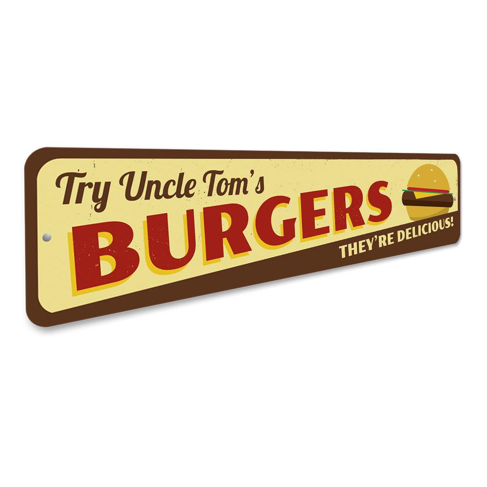 A vibrant Delicious Burgers Sign made of high-quality aluminum, featuring a colorful design perfect for restaurants and cafes.