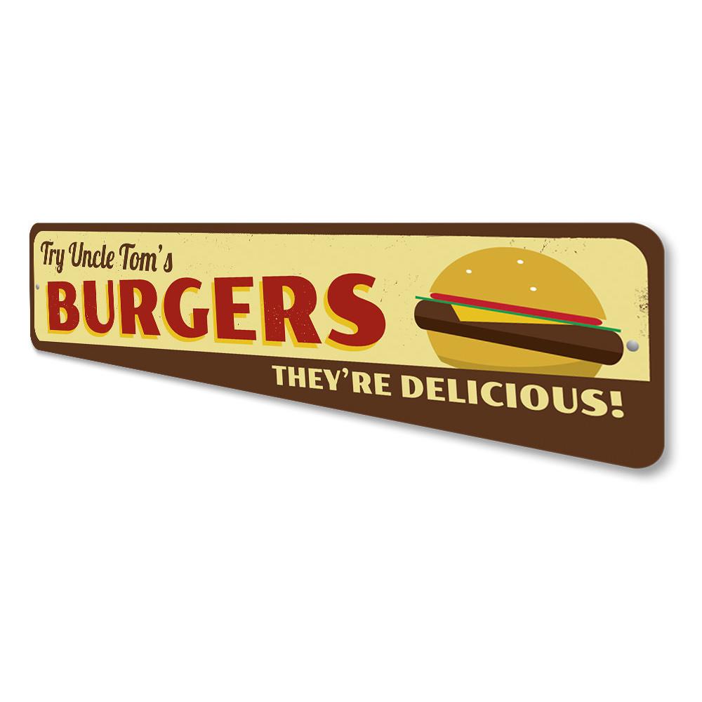 A vibrant Delicious Burgers Sign made of high-quality aluminum, featuring a colorful design perfect for restaurants and cafes.