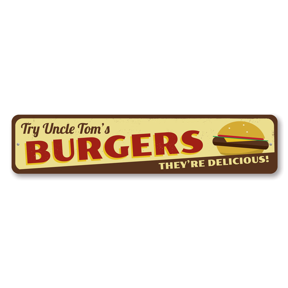 A vibrant Delicious Burgers Sign made of high-quality aluminum, featuring a colorful design perfect for restaurants and cafes.