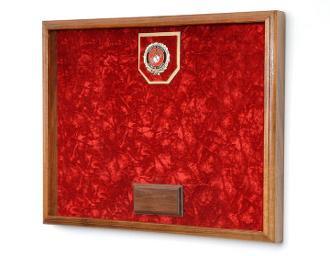 Deluxe Awards Display Case showcasing military medals and honors with engraved brass identification plates.