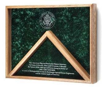 Deluxe Combo Awards Flag Display Case made of solid oak or walnut with glass front, featuring personalized laser engraving and an embossed service emblem.