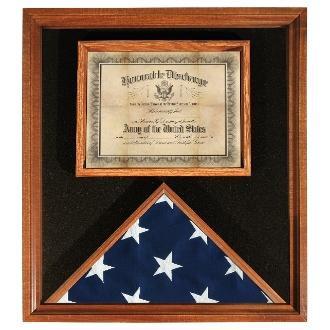 Deluxe USA-made solid hardwood flag and document case with cherry stain, displaying a flag and document behind tempered glass.