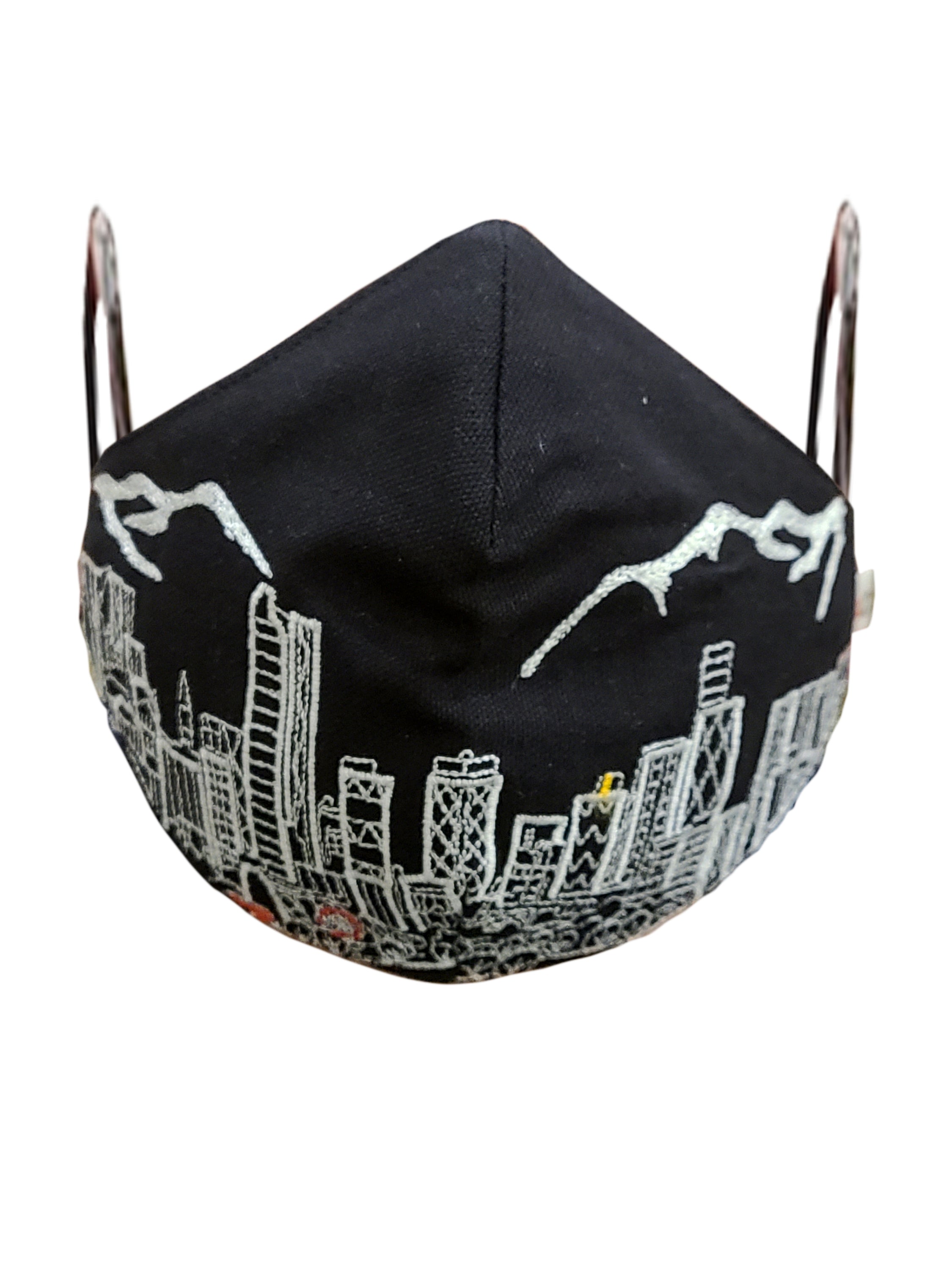 DENVER EMBROIDERED SKYLINE FACE MASK featuring a stylish skyline design on linen/cotton fabric with soft cotton lining and elastic loops.