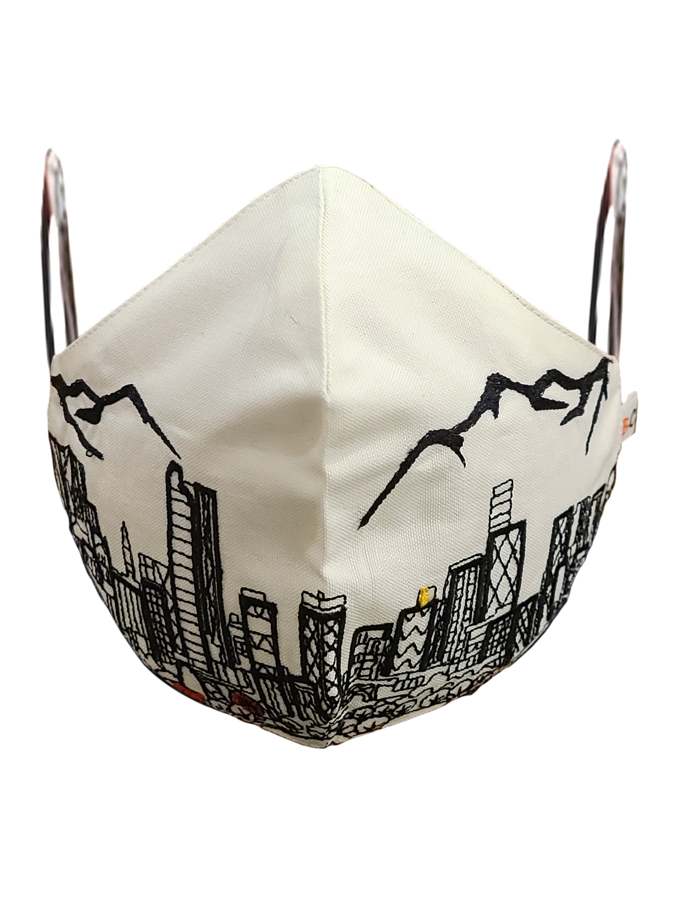 DENVER EMBROIDERED SKYLINE FACE MASK featuring a stylish skyline design on linen/cotton fabric with soft cotton lining and elastic loops.