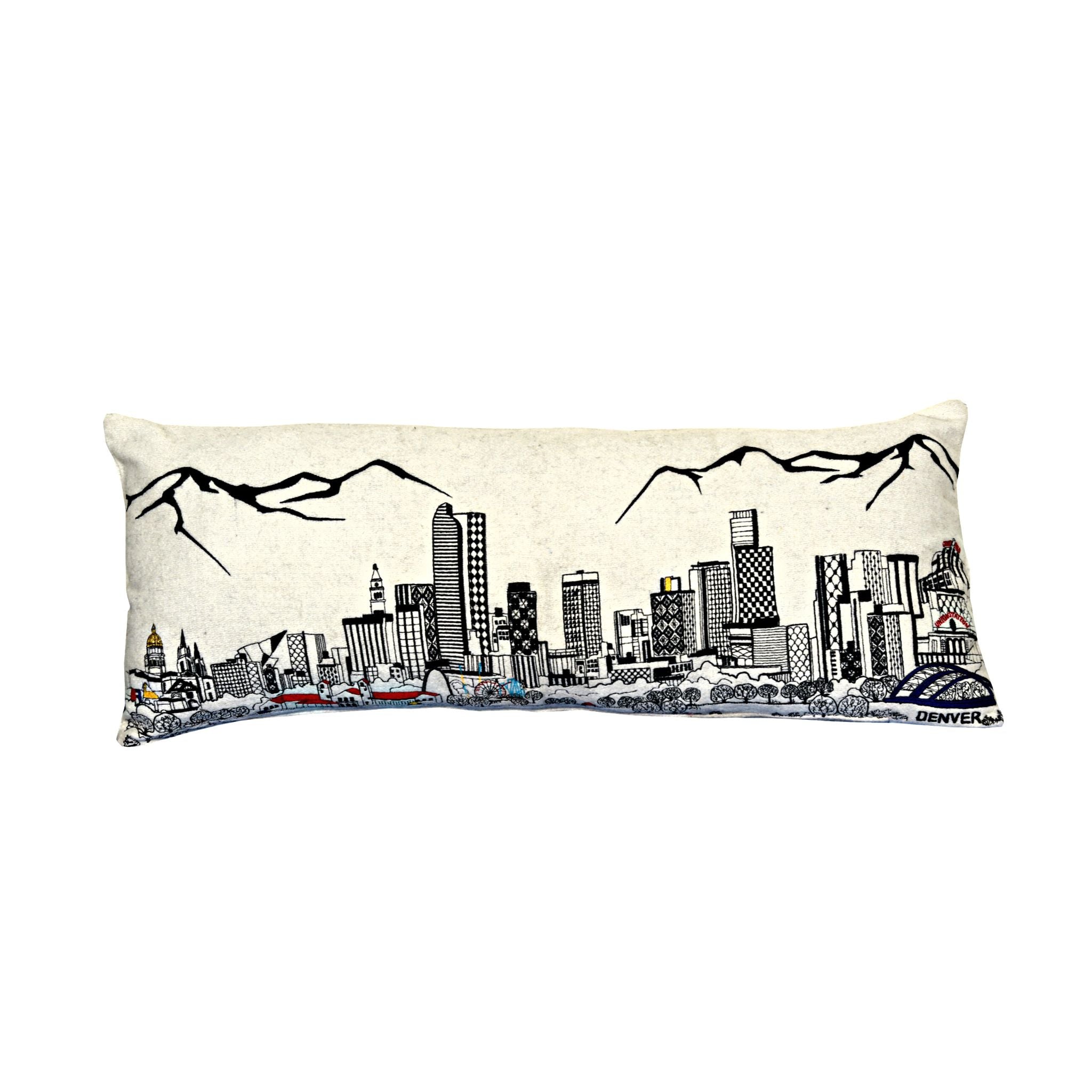 Denver Pillow featuring intricate embroidery of city highlights with a stylish red zipper at the bottom, made from wool and nylon.