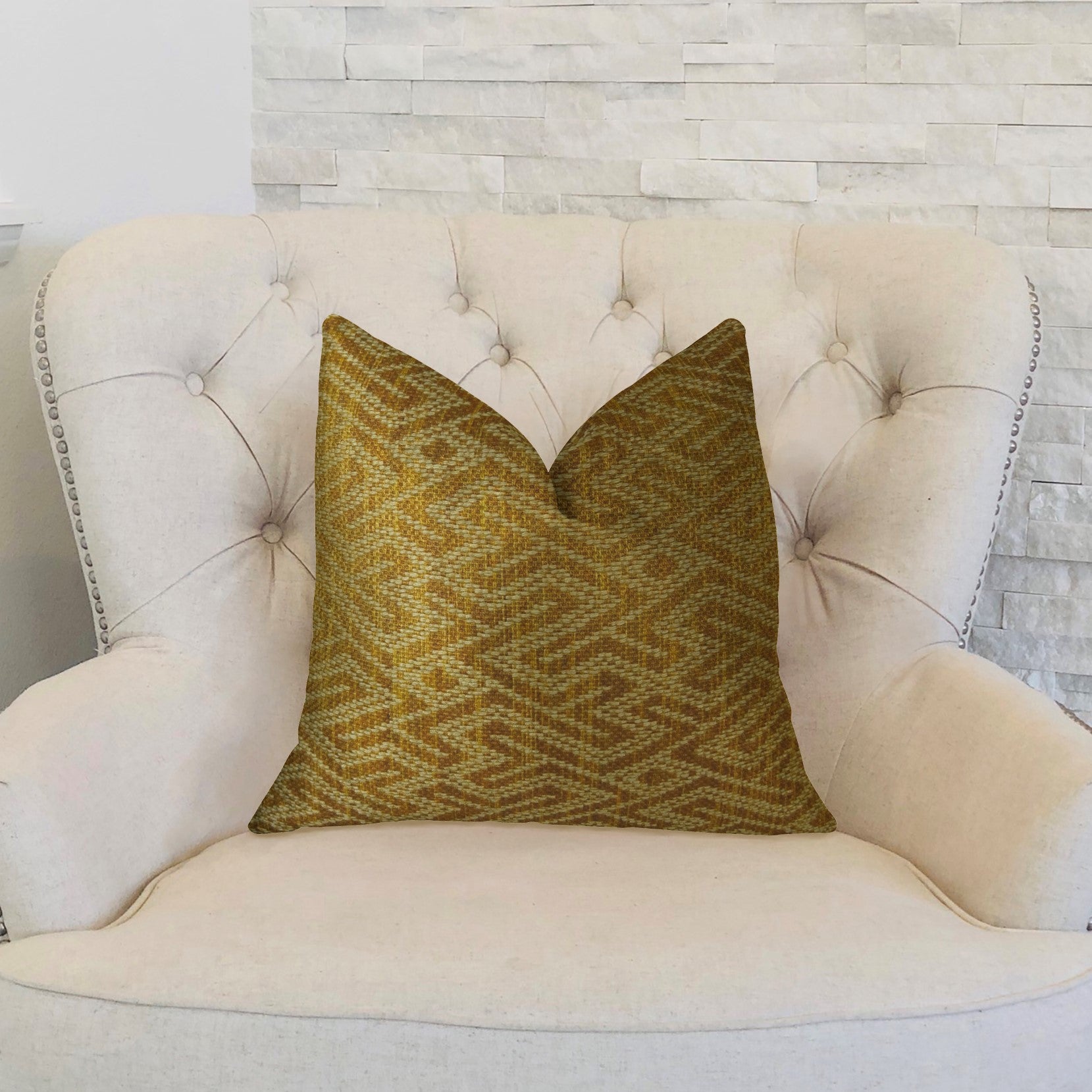 Deep Bridge Taupe and Copper Handmade Luxury Pillow featuring a geometric pattern, double-sided design, and invisible zipper closure.