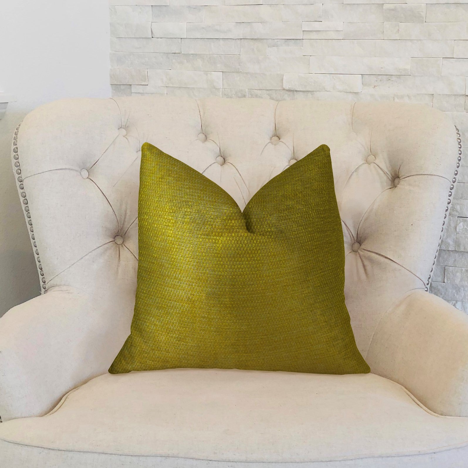 Deep Lemon Grass Metallic Citrine and Gold Handmade Luxury Pillow showcasing its vibrant colors and luxurious fabric blend.