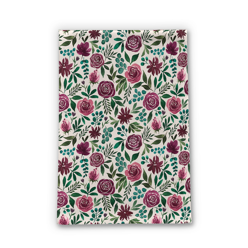 Deep magenta floral eucalyptus tea towel made of cotton twill, featuring a vibrant design and hemmed edges.