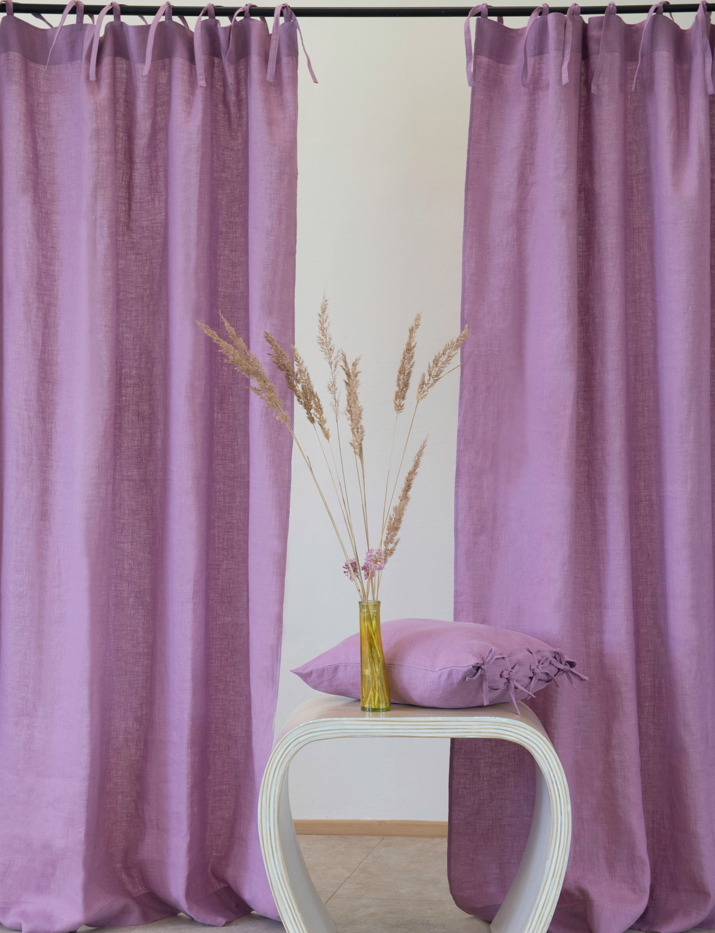 Deep Rose linen curtain with elegant tie tops, showcasing soft fabric and beautiful color.