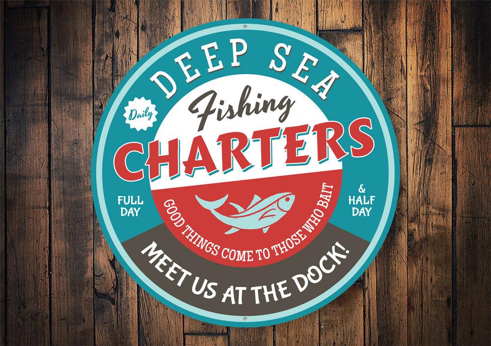 Deep Sea Fishing Charters metal sign, featuring vibrant colors and a fishing theme, perfect for home decor.