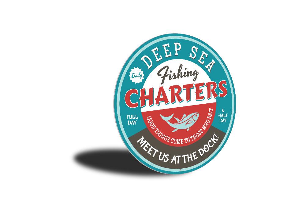 Deep Sea Fishing Charters metal sign, featuring vibrant colors and a fishing theme, perfect for home decor.