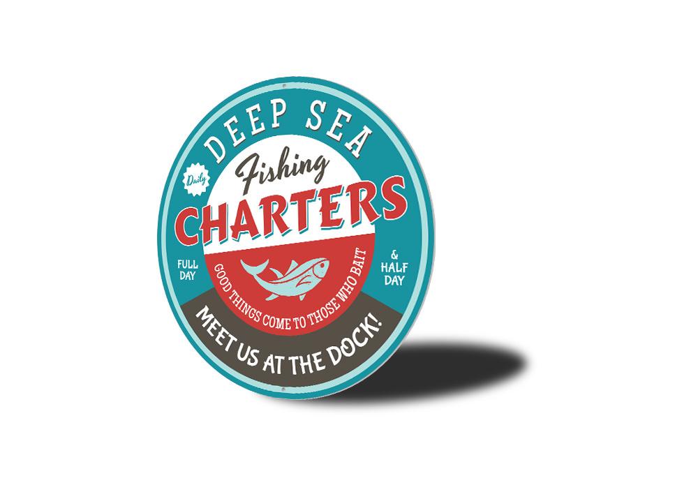 Deep Sea Fishing Charters metal sign, featuring vibrant colors and a fishing theme, perfect for home decor.