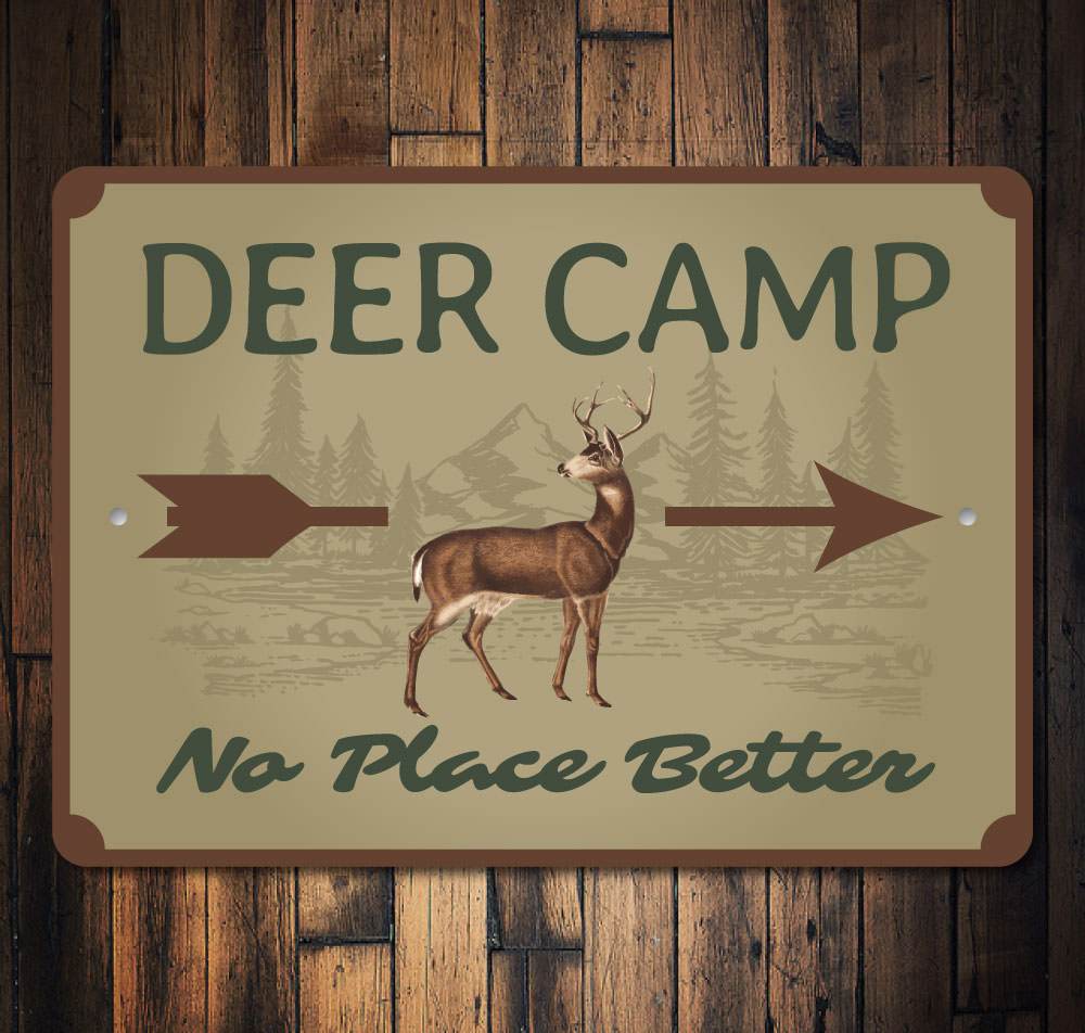 Deer Camp Arrow Sign made of high-quality aluminum, featuring rustic design elements perfect for home decor.