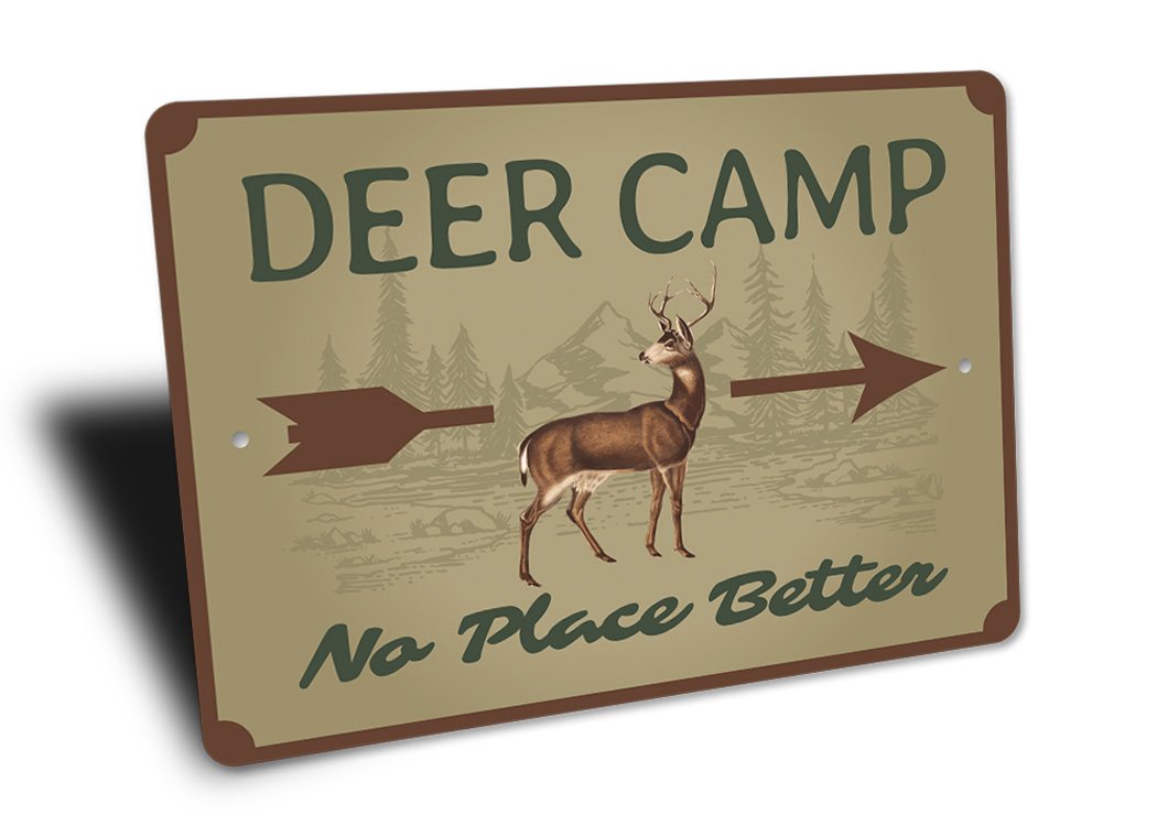 Deer Camp Arrow Sign made of high-quality aluminum, featuring rustic design elements perfect for home decor.