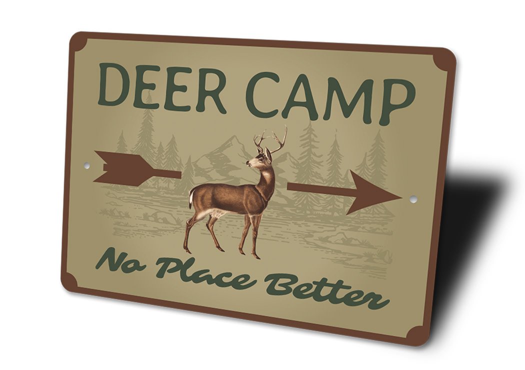 Deer Camp Arrow Sign made of high-quality aluminum, featuring rustic design elements perfect for home decor.