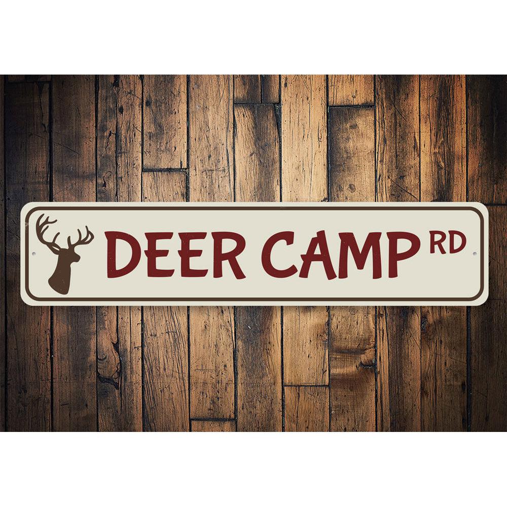 Deer Camp Road Sign made of high-quality aluminum, featuring a rustic design perfect for lakehouses and cabins.