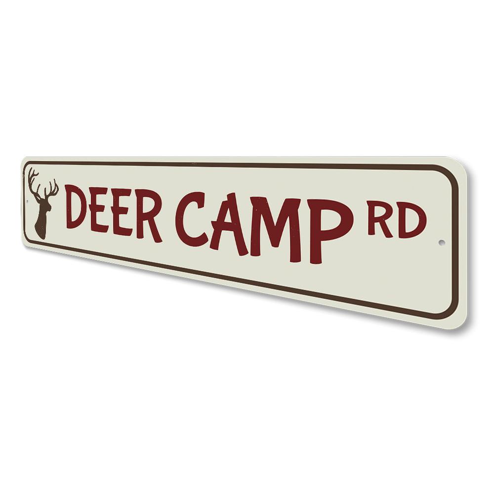 Deer Camp Road Sign made of high-quality aluminum, featuring a rustic design perfect for lakehouses and cabins.