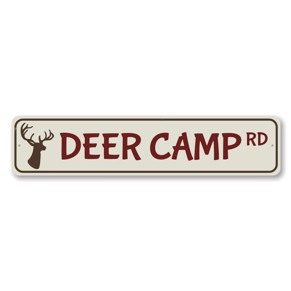 Deer Camp Road Sign made of high-quality aluminum, featuring a rustic design perfect for lakehouses and cabins.