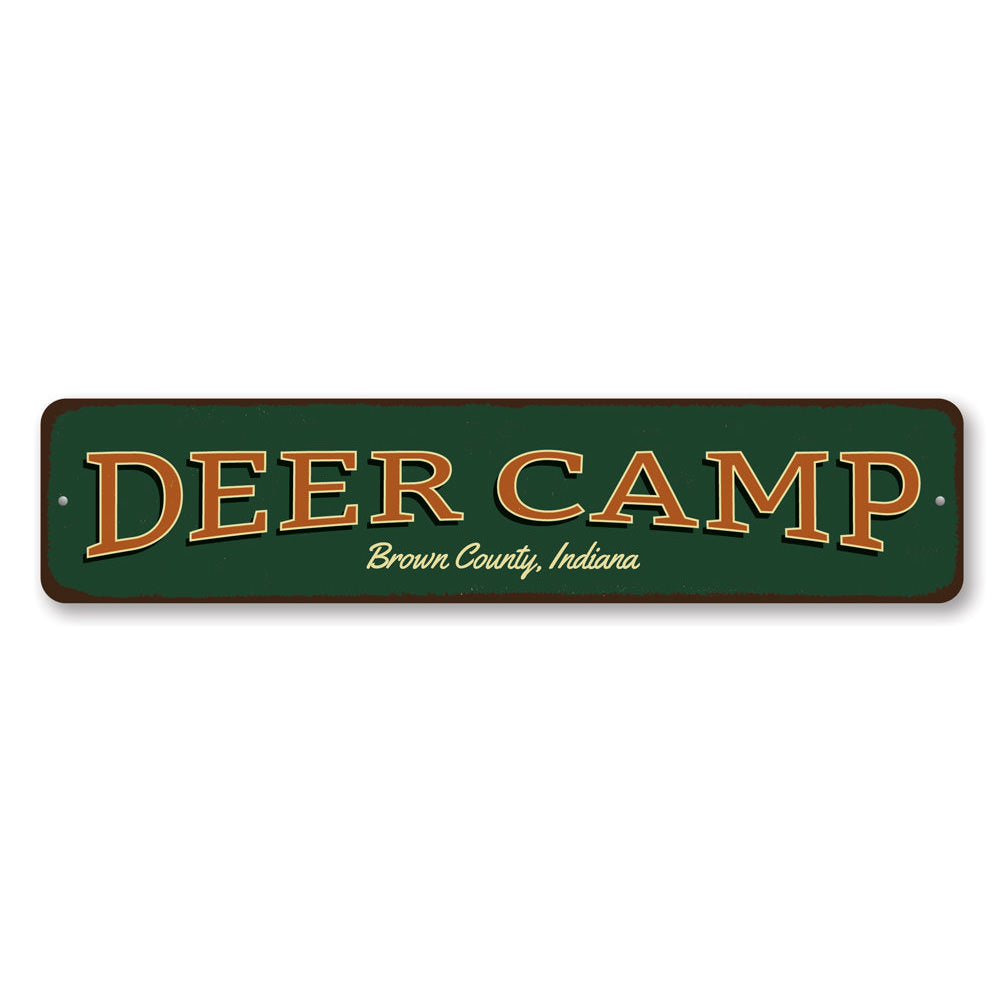 A decorative Deer Camp Sign made of high-quality aluminum, featuring customizable text and pre-drilled holes for easy mounting.