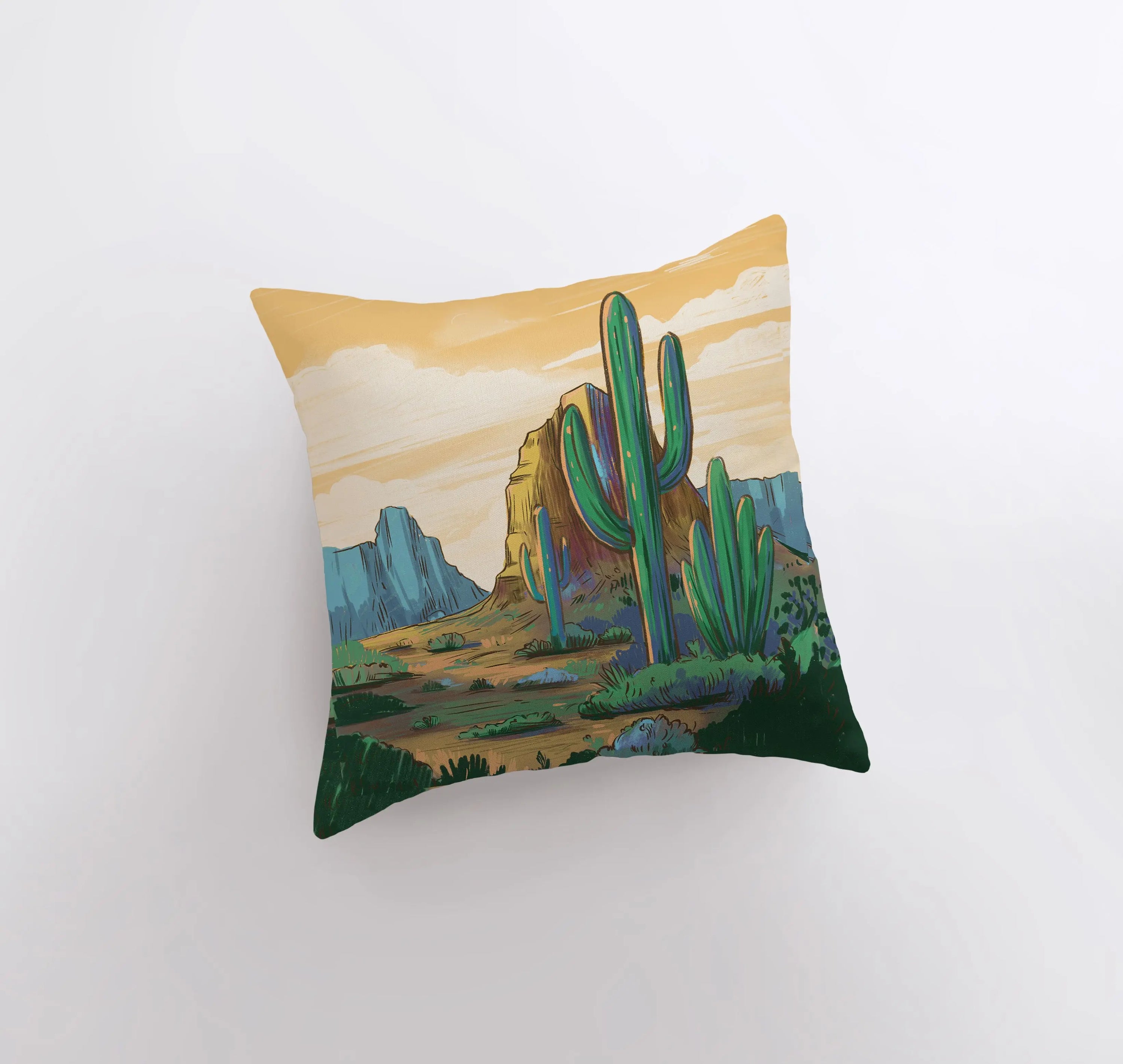 Arizona landscape pillow featuring sunrise and sunset scenes, showcasing vibrant colors and a concealed zipper.