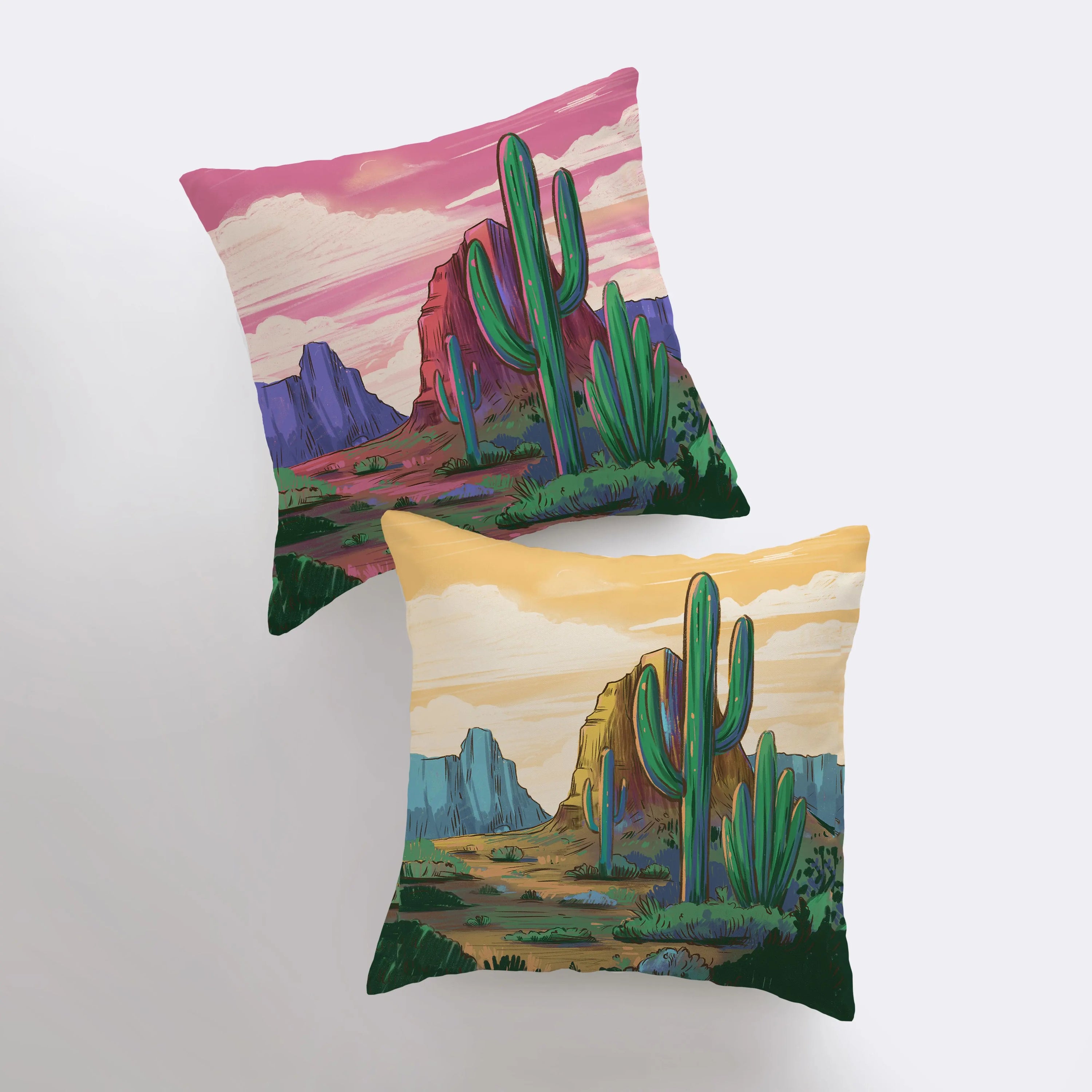 Arizona landscape pillow featuring sunrise and sunset scenes, showcasing vibrant colors and a concealed zipper.