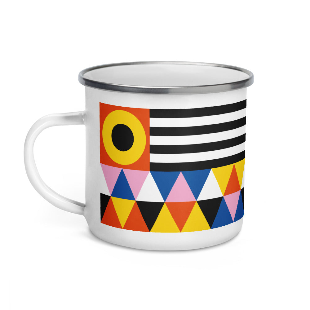 A stylish Design Nerd Mug made of durable enamel with a white coating and silver rim, perfect for designers.