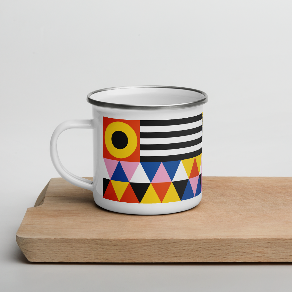 A stylish Design Nerd Mug made of durable enamel with a white coating and silver rim, perfect for designers.