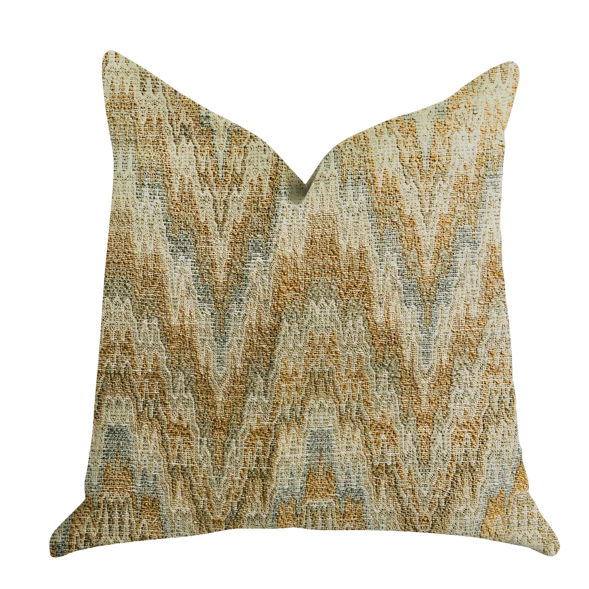 Designer Ripple Luxury Throw Pillow in Brown, Blue, and Beige with a stylish ripple pattern, showcasing its double-sided design and invisible zipper.