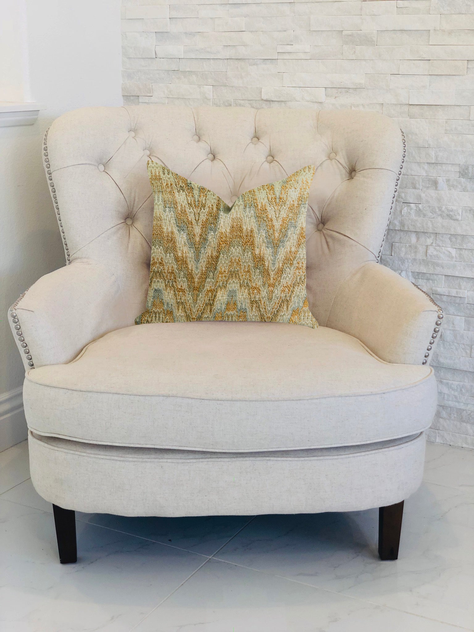 Designer Ripple Luxury Throw Pillow in Brown, Blue, and Beige with a stylish ripple pattern, showcasing its double-sided design and invisible zipper.