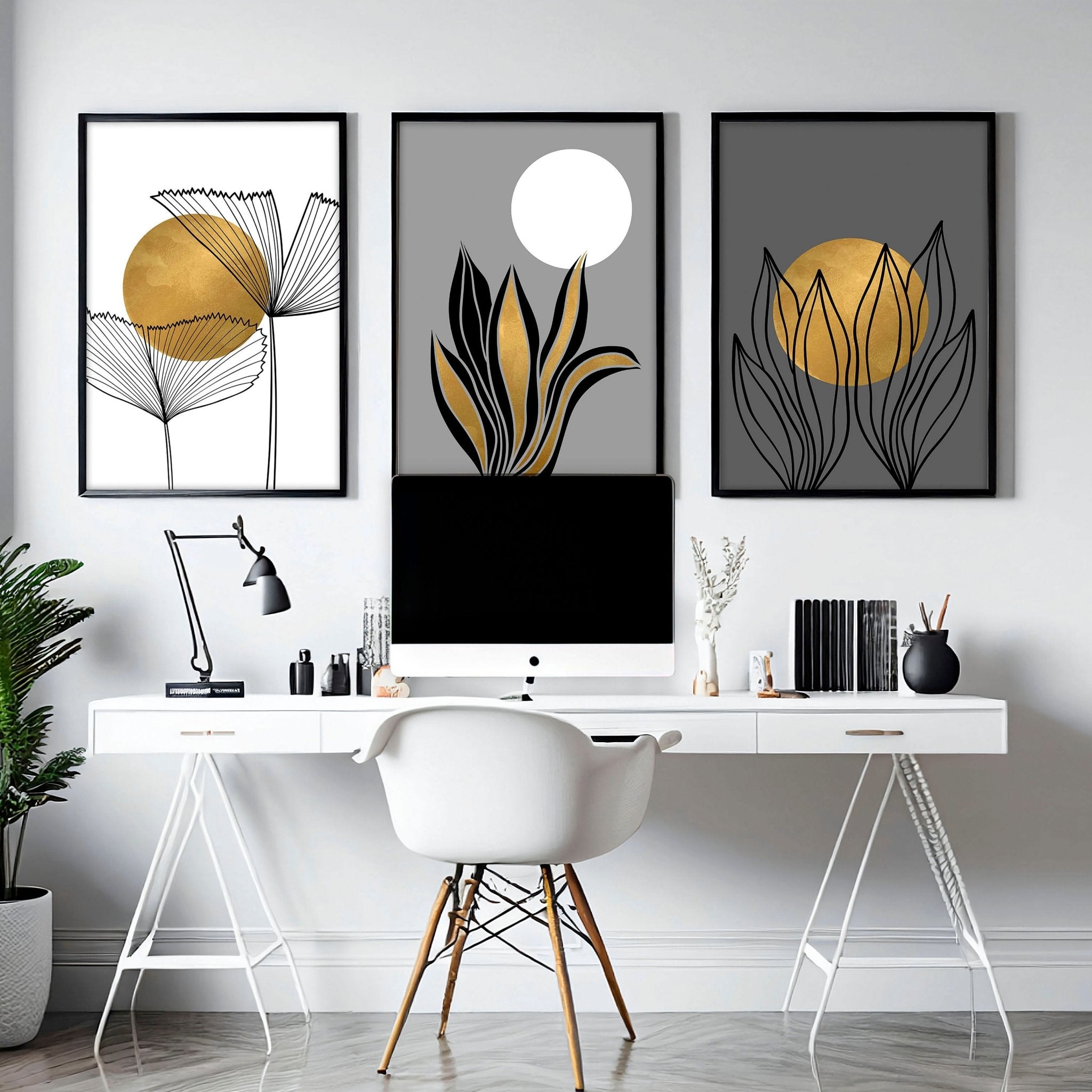 Set of 3 modern botanical wall art prints in grey, gold, and black tones, designed for office desk decor.