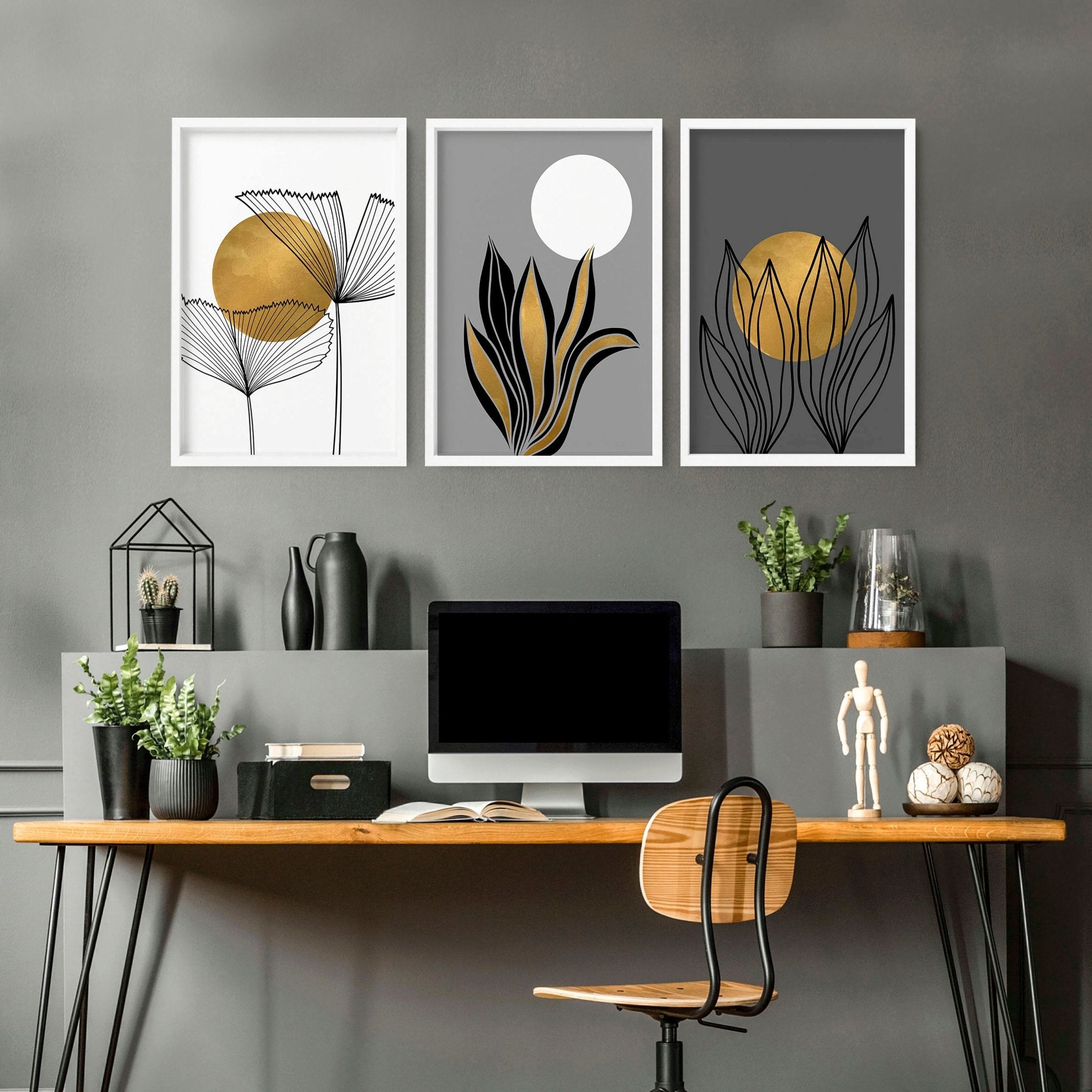 Set of 3 modern botanical wall art prints in grey, gold, and black tones, designed for office desk decor.