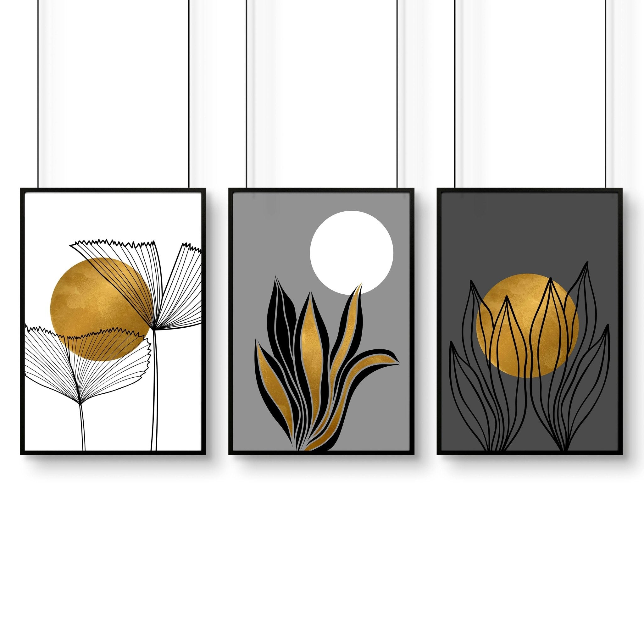 Set of 3 modern botanical wall art prints in grey, gold, and black tones, designed for office desk decor.