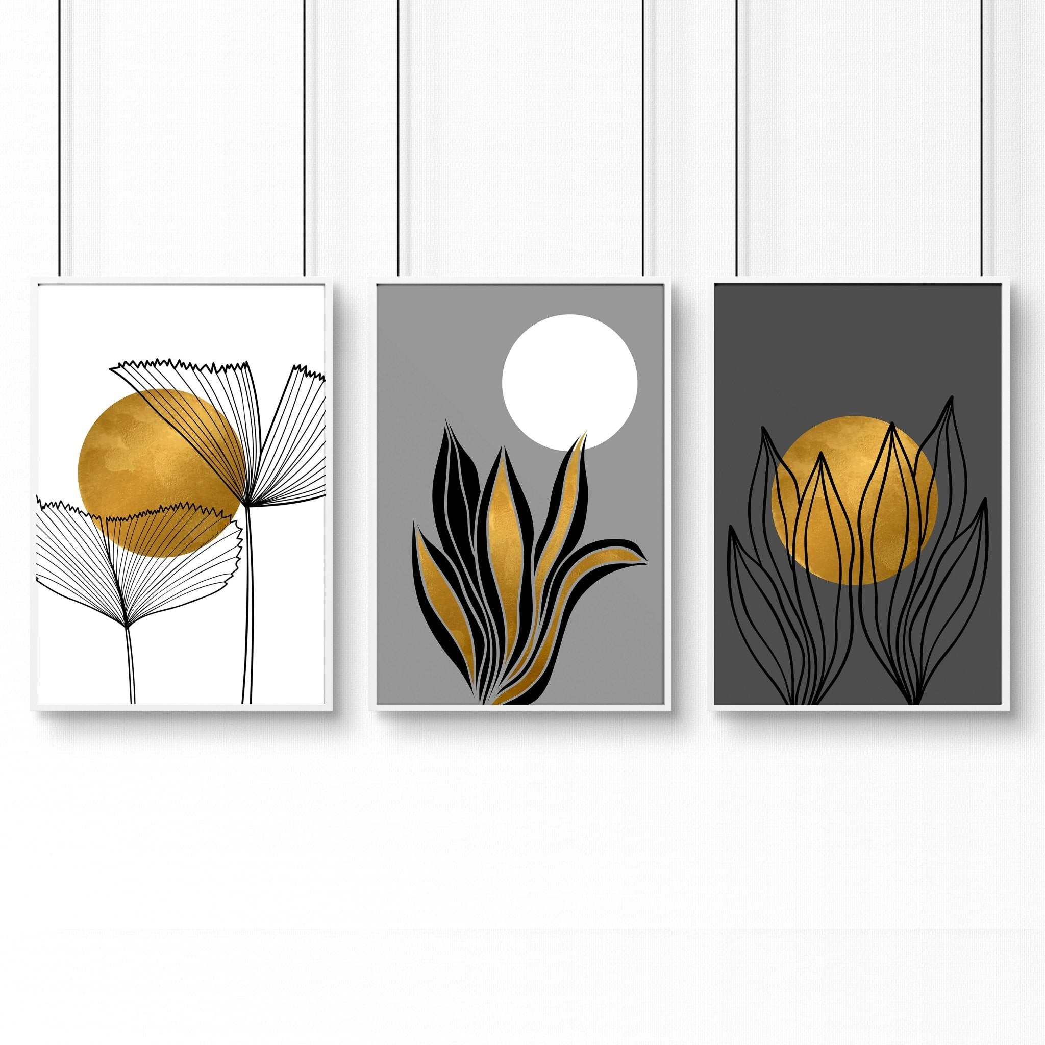 Set of 3 modern botanical wall art prints in grey, gold, and black tones, designed for office desk decor.