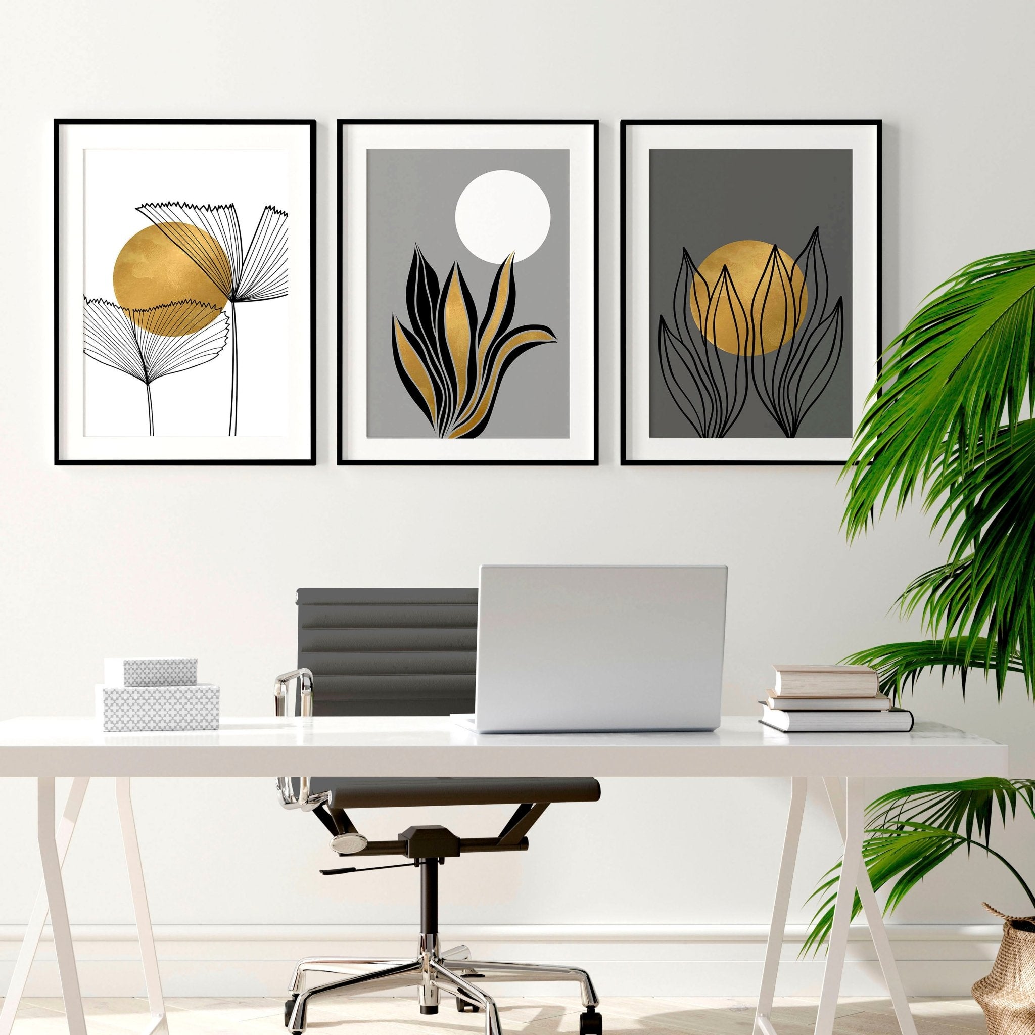 Set of 3 modern botanical wall art prints in grey, gold, and black tones, designed for office desk decor.