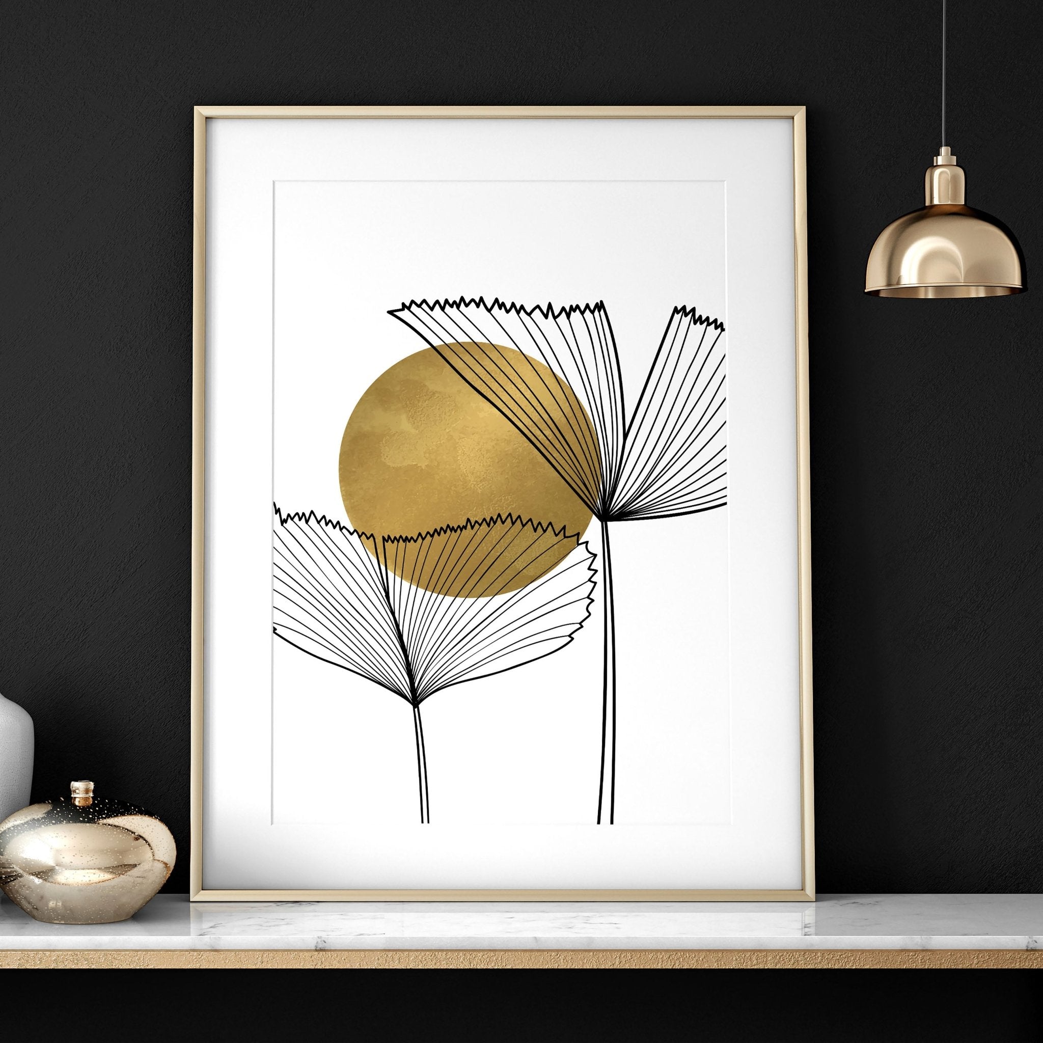 Set of 3 modern botanical wall art prints in grey, gold, and black tones, designed for office desk decor.