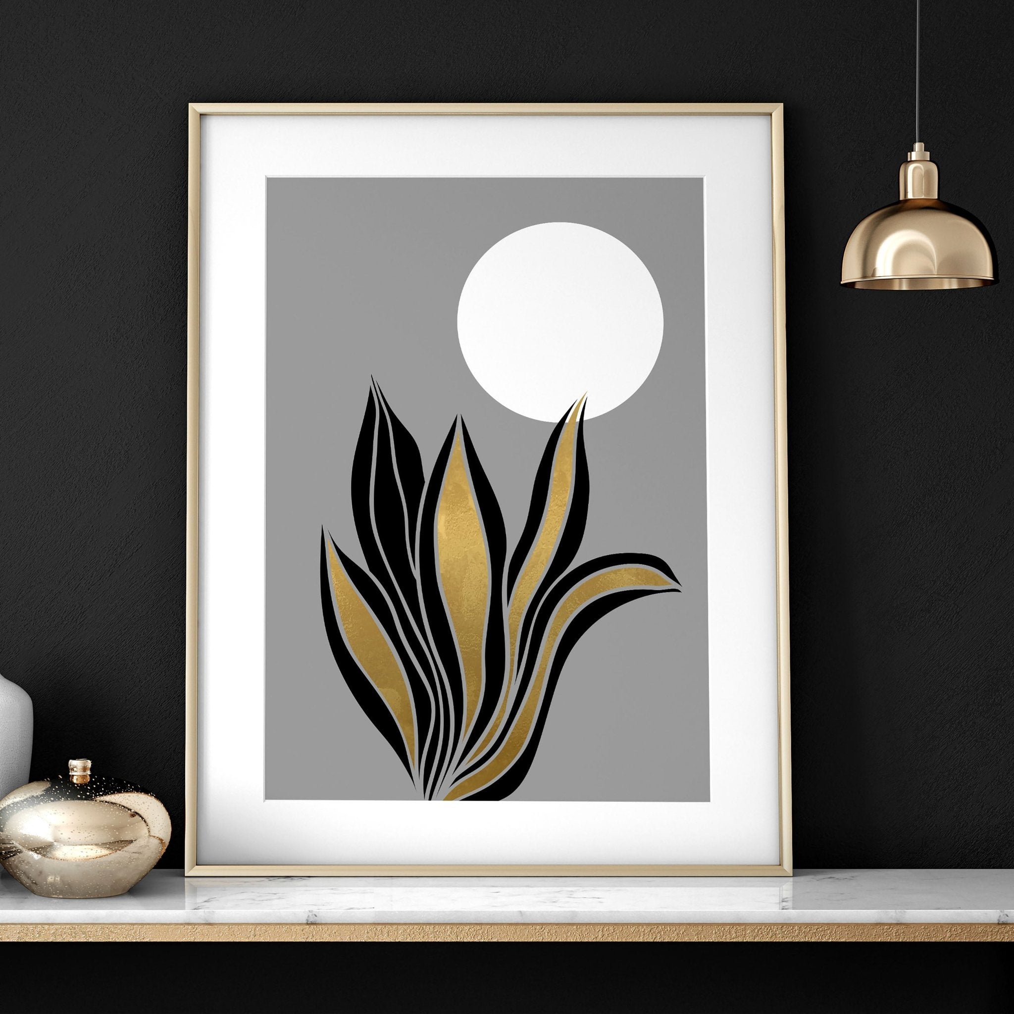 Set of 3 modern botanical wall art prints in grey, gold, and black tones, designed for office desk decor.