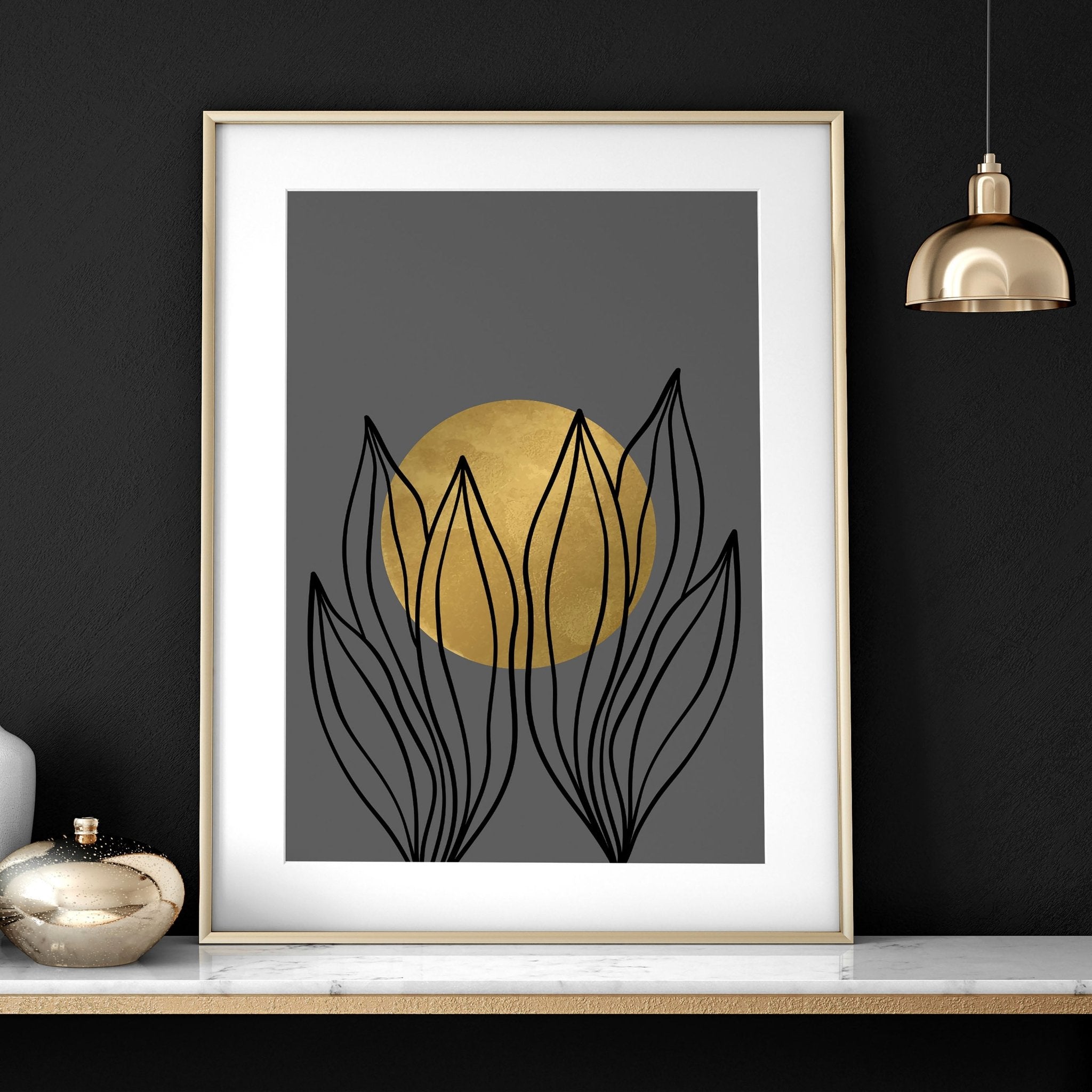 Set of 3 modern botanical wall art prints in grey, gold, and black tones, designed for office desk decor.