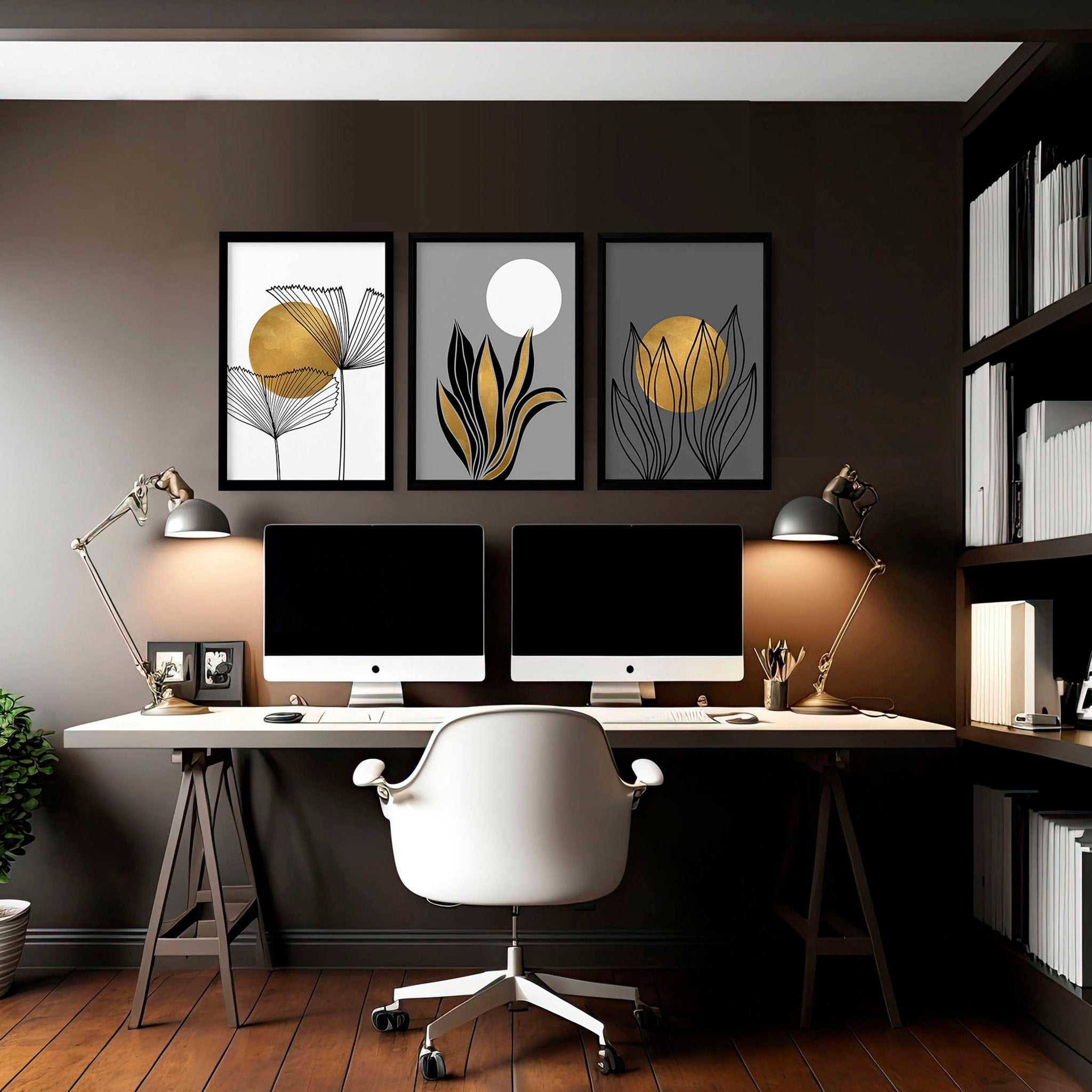 Set of 3 modern botanical wall art prints in grey, gold, and black tones, designed for office desk decor.