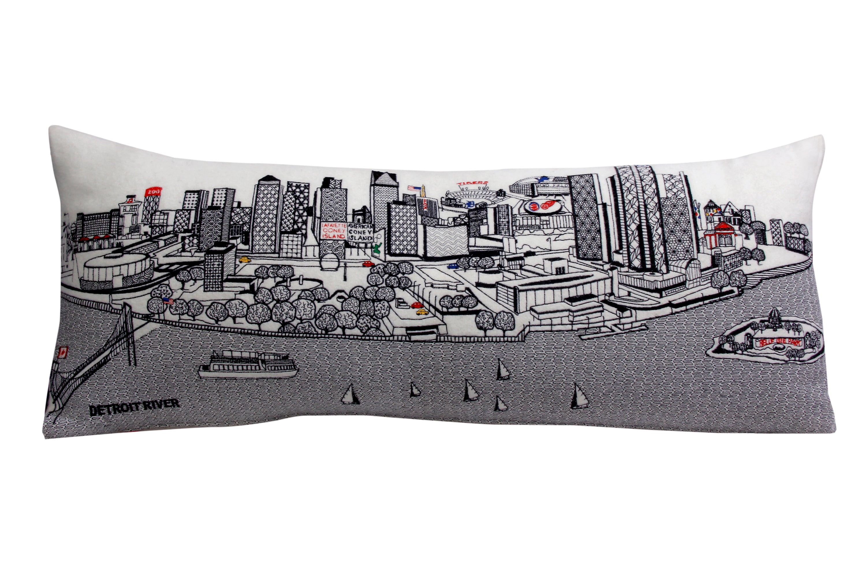 Detroit Pillow featuring vibrant city-inspired design, made from wool and nylon blend, perfect for home decor.