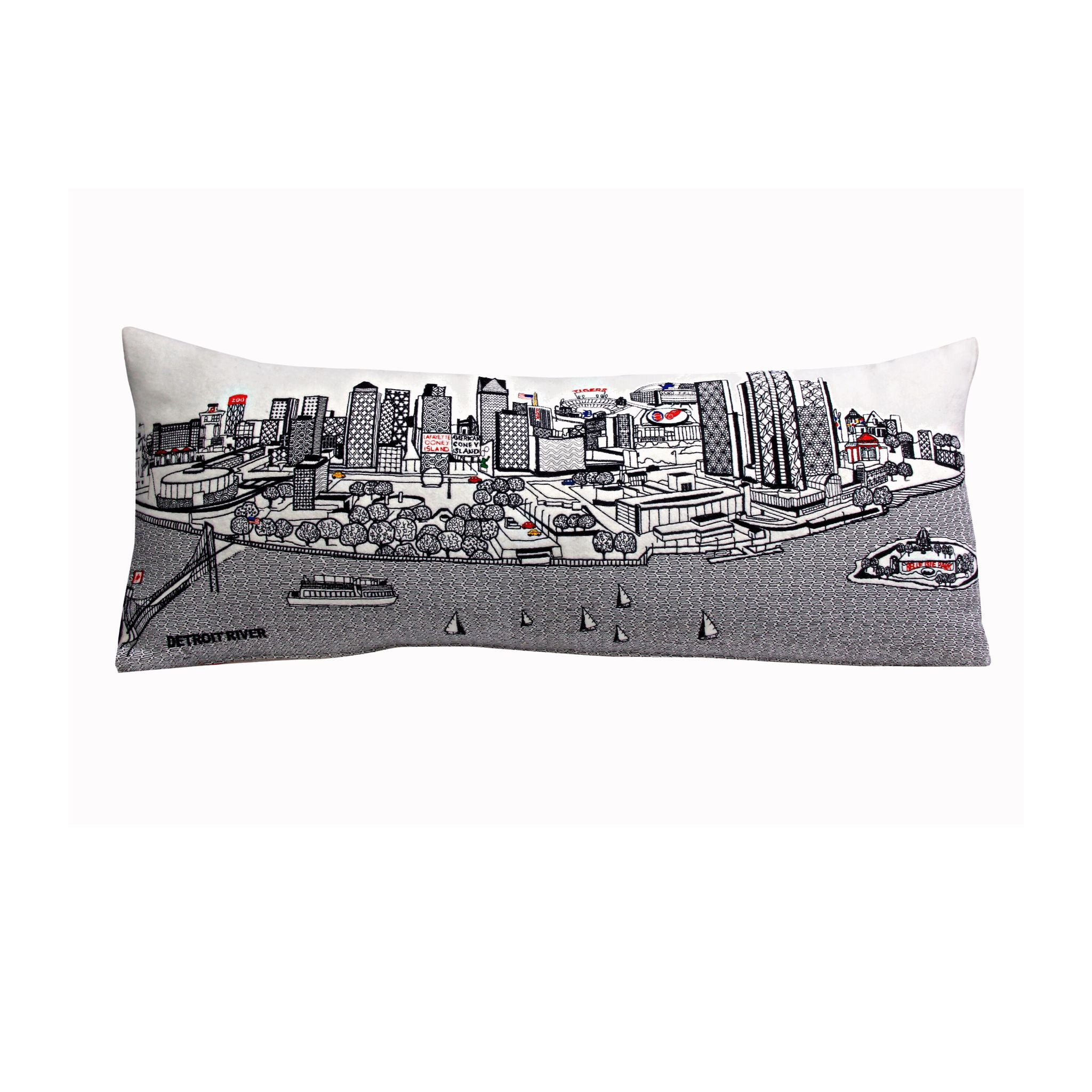 Detroit Pillow featuring vibrant city-inspired design, made from wool and nylon blend, perfect for home decor.