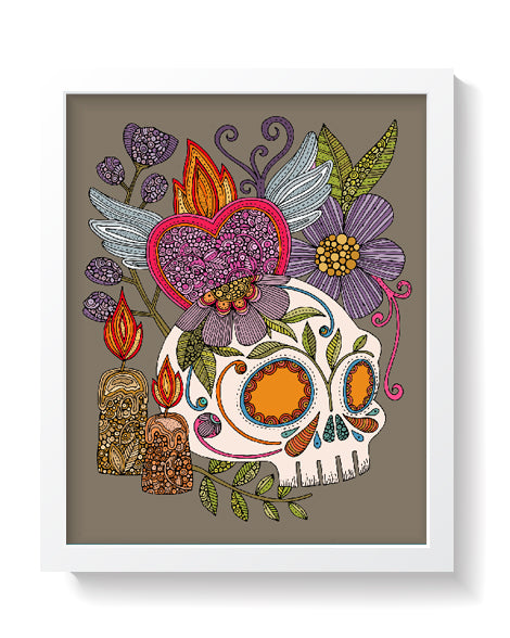 Dia de los Muertos archival art print featuring vibrant colors and intricate pen and ink designs on a grey background.