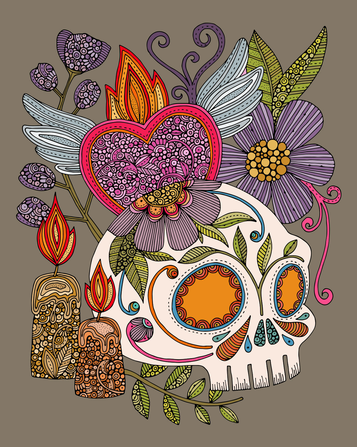 Dia de los Muertos archival art print featuring vibrant colors and intricate pen and ink designs on a grey background.