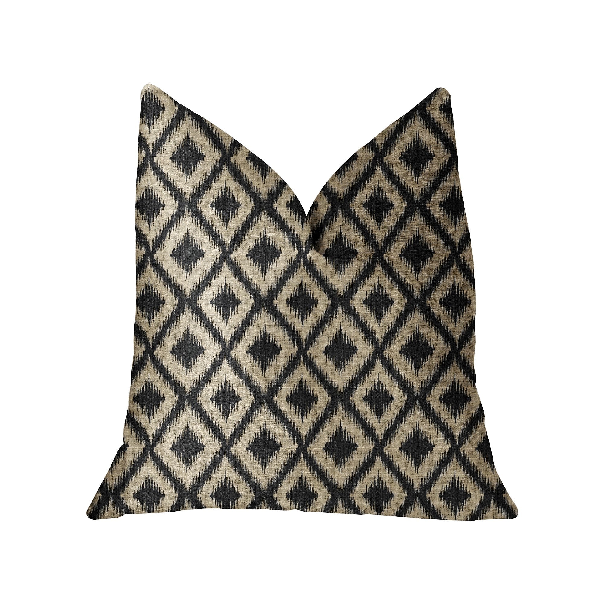 Diamond Embers Gray and Beige Luxury Throw Pillow showcasing elegant ikat pattern and invisible zipper closure.