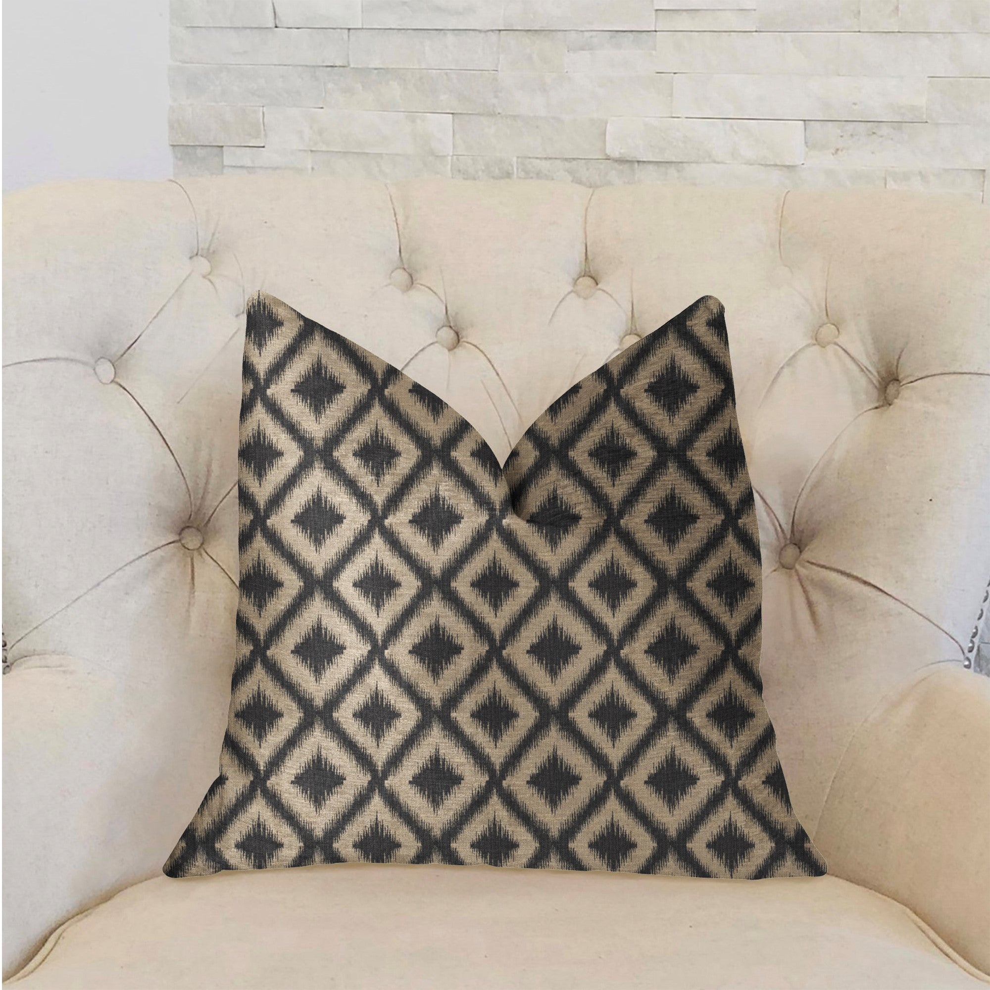 Diamond Embers Gray and Beige Luxury Throw Pillow showcasing elegant ikat pattern and invisible zipper closure.