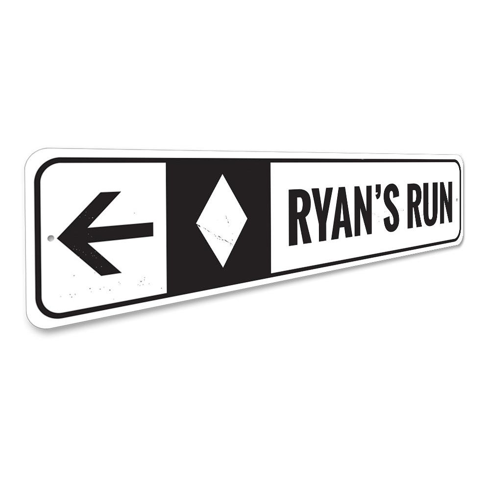 Diamond Ski Run Sign made of high-quality aluminum, featuring customizable text and pre-drilled holes for easy mounting.