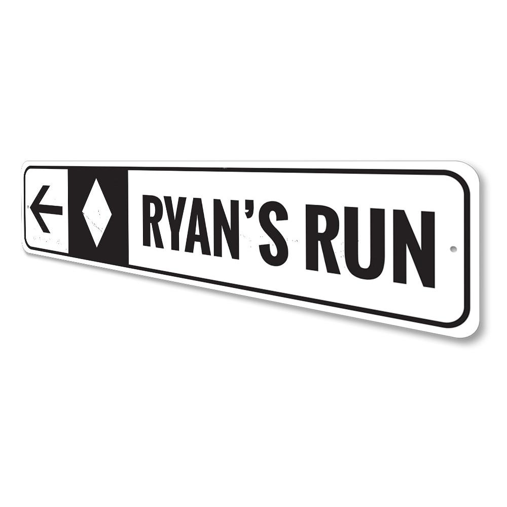 Diamond Ski Run Sign made of high-quality aluminum, featuring customizable text and pre-drilled holes for easy mounting.